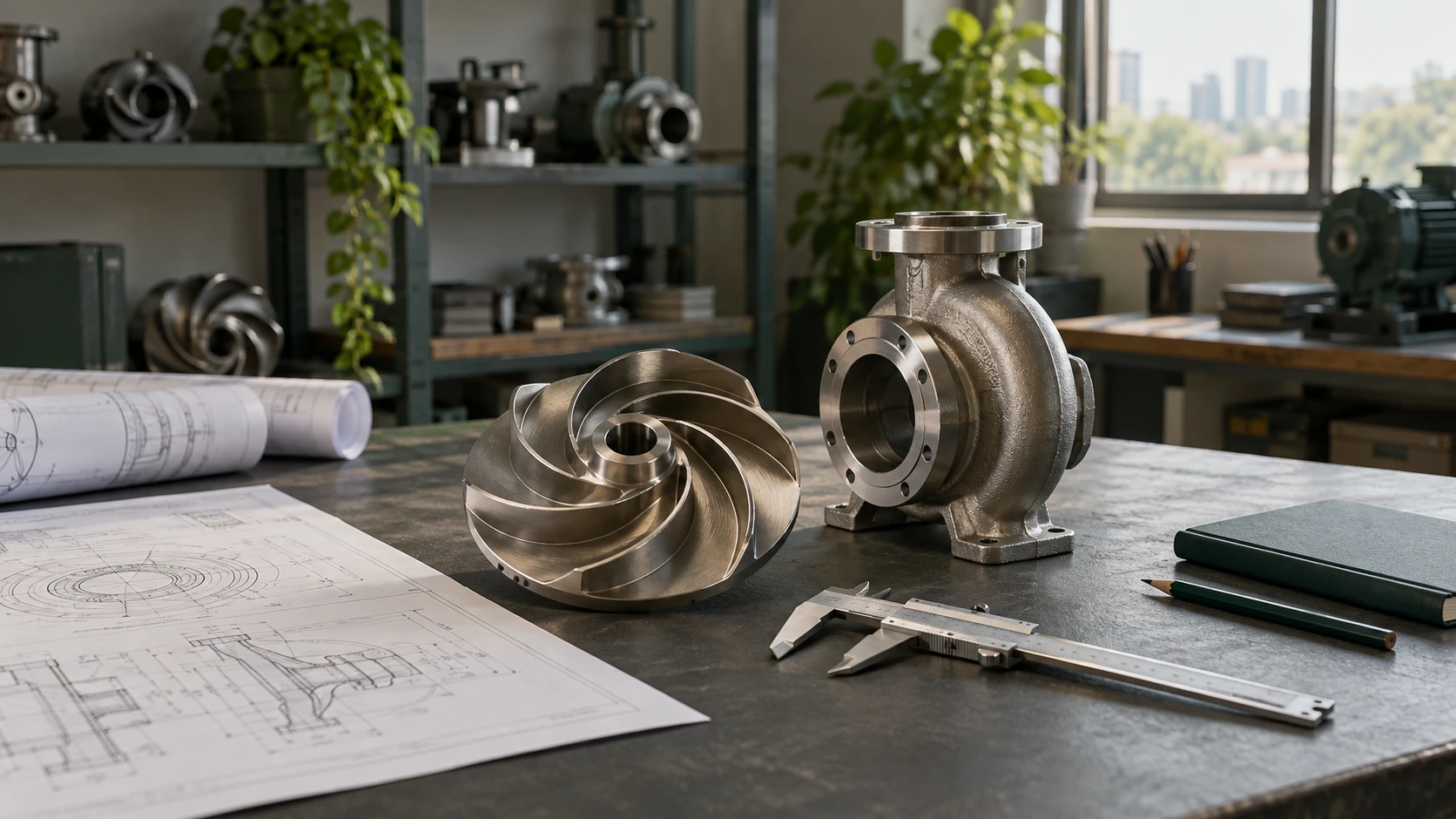 Engineering illustration of a pump impeller, casing, drawings and measurement tools on a workbench