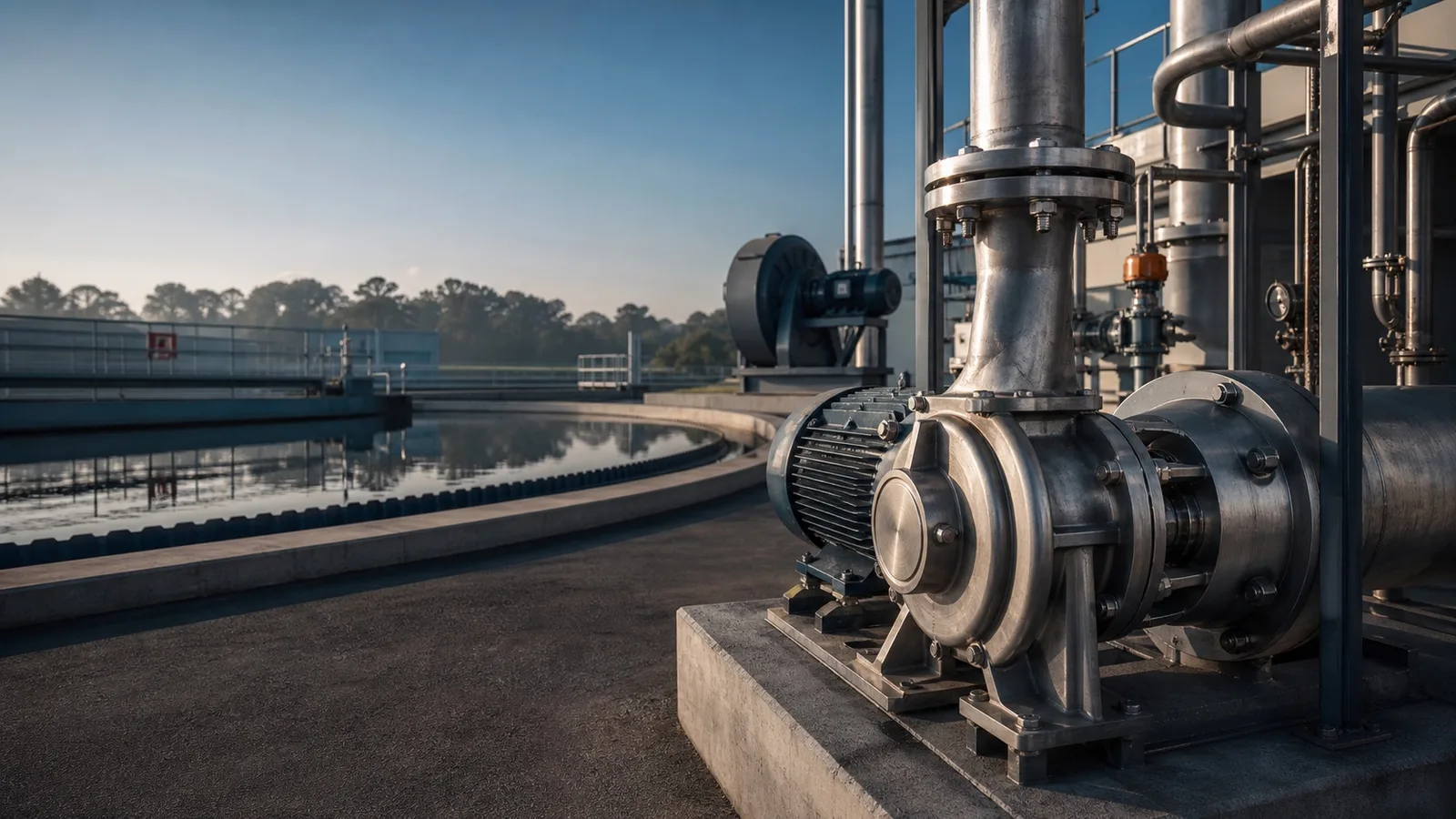 Water-treatment plant with process pump and pipework
