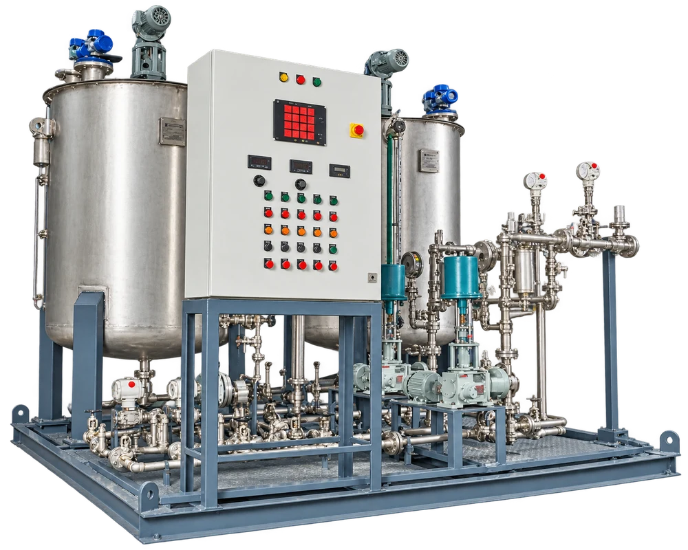 Chemical dosing skid with tanks, pumps, pipework and a control panel