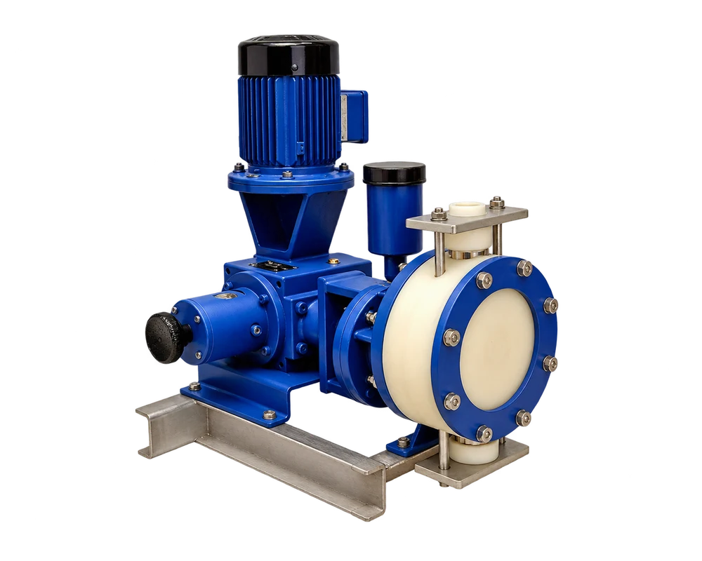 Hydraulic diaphragm dosing pump and motor on a base frame