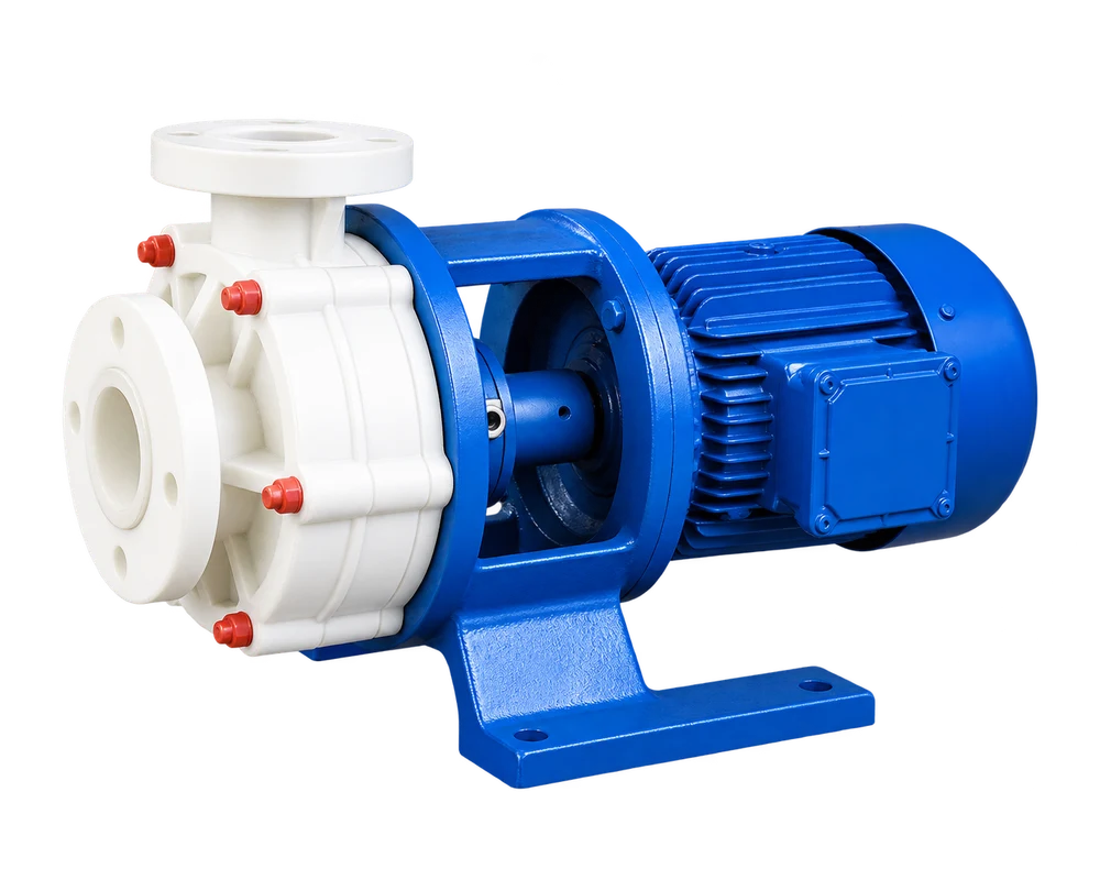 Polypropylene chemical transfer pump with motor and base frame