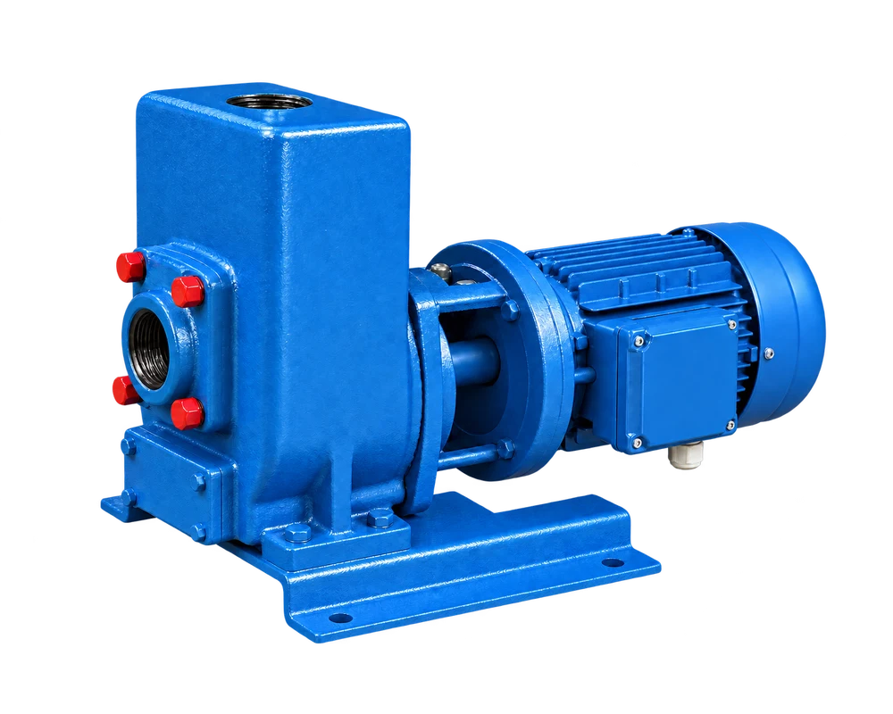 Blue self-priming non-clog pump with motor