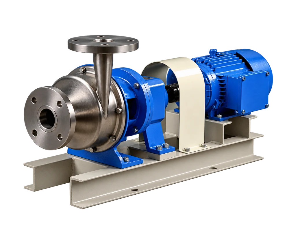 Stainless steel centrifugal pump with a coupled blue motor