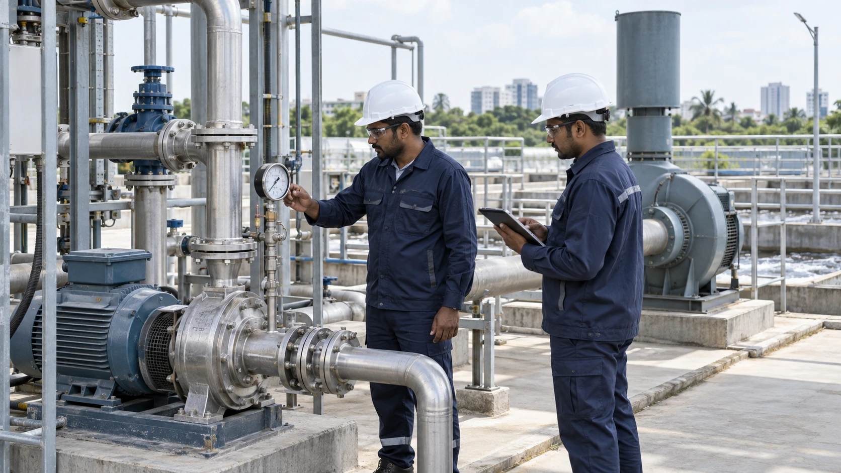 Illustration of engineers reviewing pipework and gauges during a treatment-site inspection